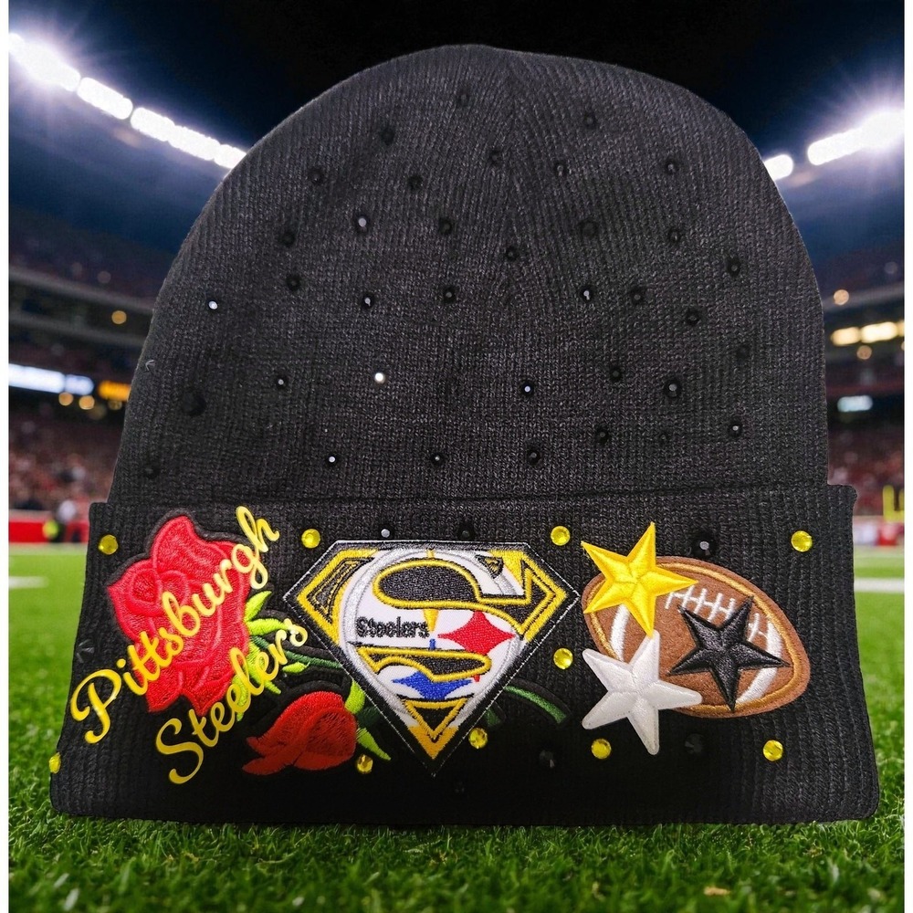 Pittsburgh Steelers Custom Rhinestone Beanie Black Knit Hat Rose Superman Logo - Picture 4 of 5